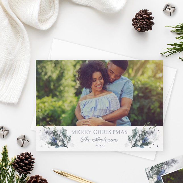 Merry Christmas Blue Winter Greenery Photo Foil Holiday Card (Creator Uploaded)