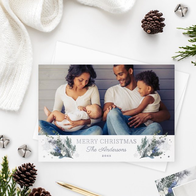 Merry Christmas Blue Winter Greenery Photo Foil Holiday Card (Creator Uploaded)