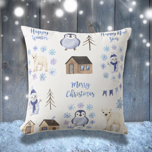 Merry Christmas Blue Winter Holiday Scene Throw Pillow (Creator Uploaded)