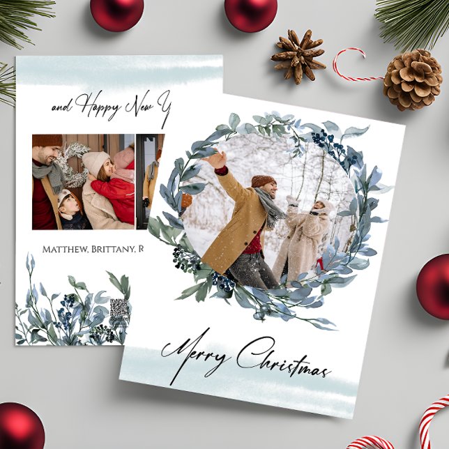 Merry Christmas Blue Wreath Photo Holiday Card (Creator Uploaded)