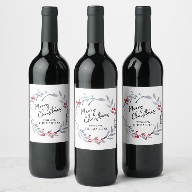 Merry Christmas blue wreath Wine Label (Bottles)