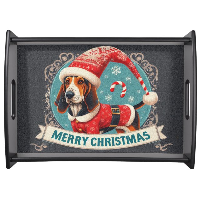 Merry Christmas Bluetick Coonhound Dog Santa Hat Serving Tray (Front)