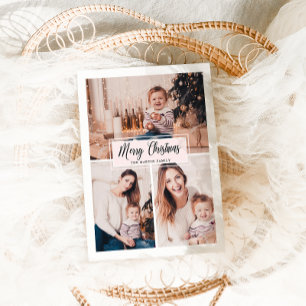 Merry Christmas Blush and White Photo Collage Holiday Card