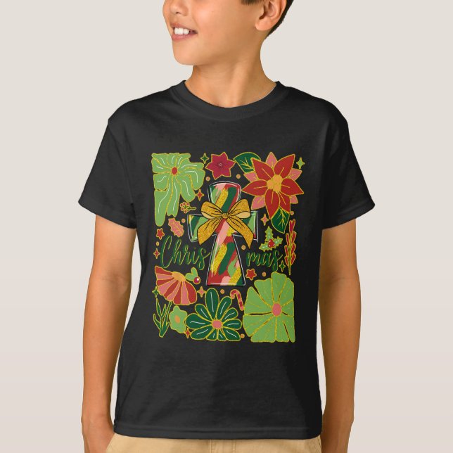 Merry Christmas Boho Flowers Cross Christian Women T-Shirt (Front)