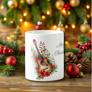 Merry Christmas Boho Guitar and Flowers Mug