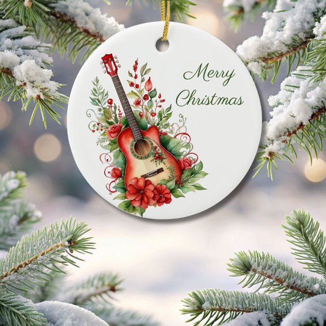 Merry Christmas Boho Guitar and Flowers Ornament (Creator Uploaded)