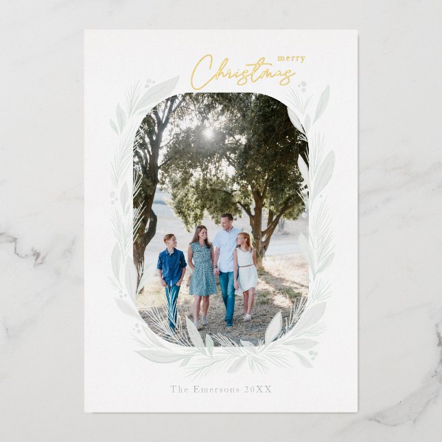 Merry Christmas Boho Watercolor Frame Light  Foil Holiday Card (Front)