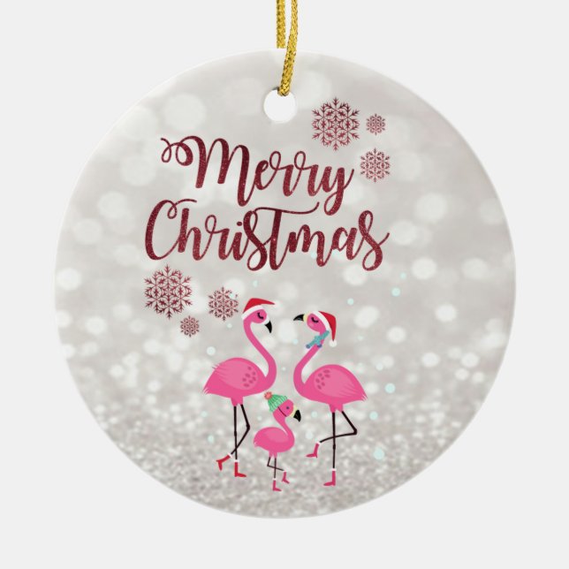 Merry Christmas,Bokeh,Flamingos Family Santa Hat Ceramic Ornament (Front)
