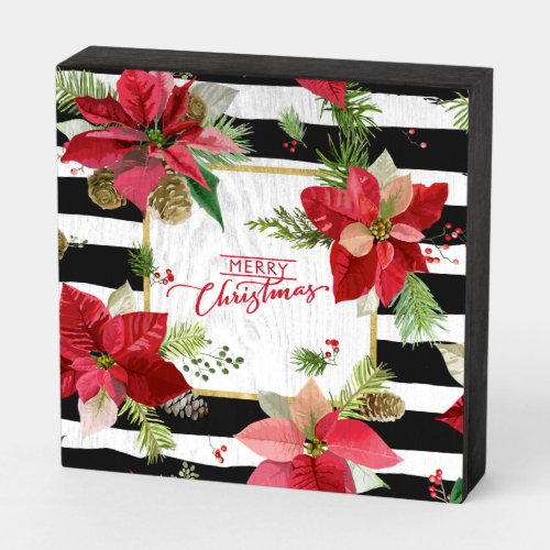Merry Christmas Bold Stripes Poinsettias 2 Wooden Box Sign