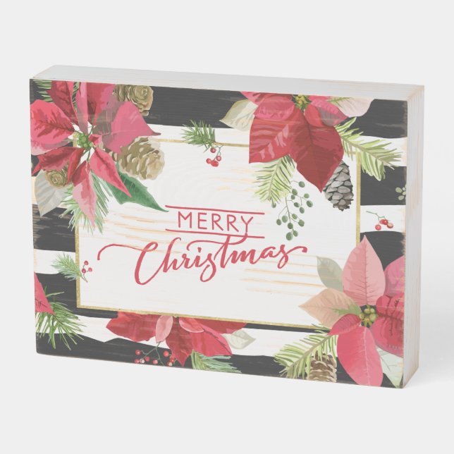 Merry Christmas Bold Stripes, Poinsettias Wooden Box Sign (Angled Horizontal)
