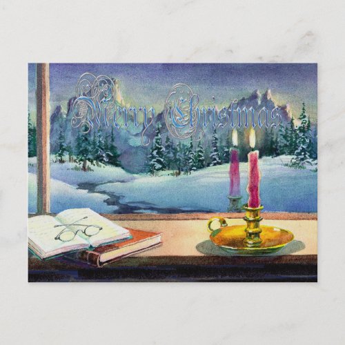 MERRY CHRISTMAS BOOKS  CANDLE  by SHARON SHARPE Holiday Postcard