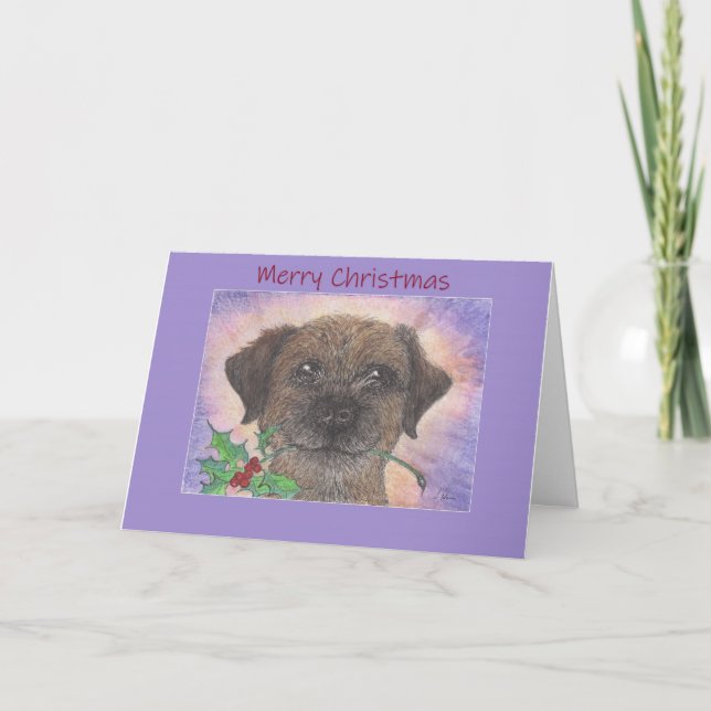 Merry Christmas, Border Terrier Dog & Holly Card (Front)