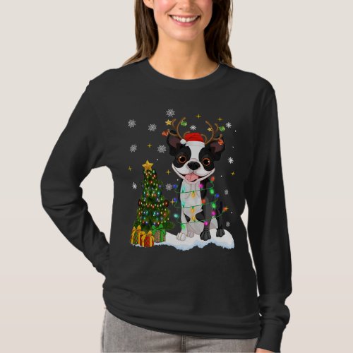 Merry Christmas Boston Terrier Dog Xmas Lights Tre T_Shirt