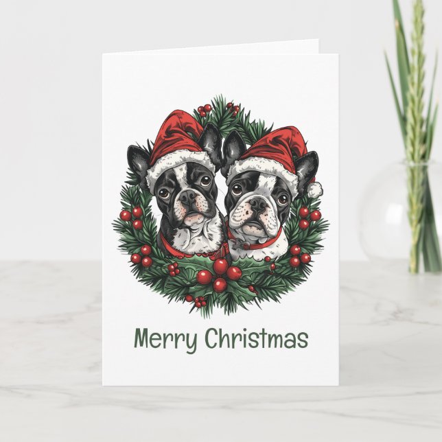 Merry Christmas Boston Terrier Dogs Holiday Wreath (Front)