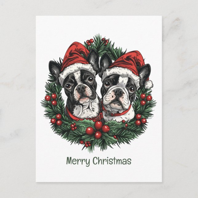 Merry Christmas Boston Terrier Dogs Holiday Wreath Postcard (Front)