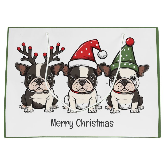Merry Christmas Boston Terrier Dogs Large Gift Bag (Front)