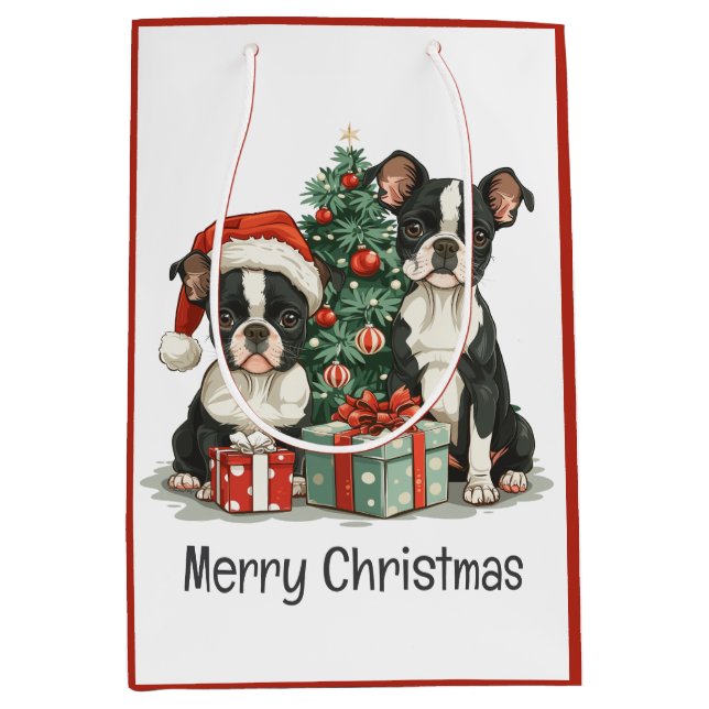 Merry Christmas Boston Terrier Dogs Medium Gift Bag (Front)