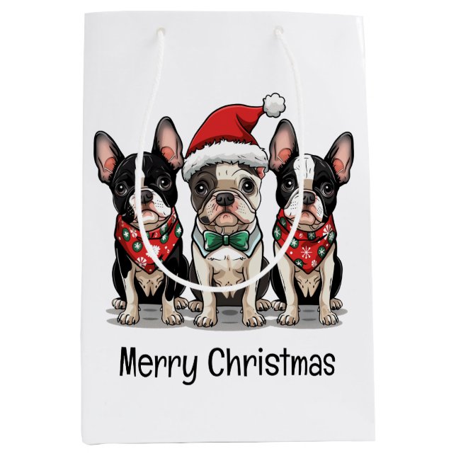 Merry Christmas Boston Terrier Dogs Medium Gift Bag (Front)