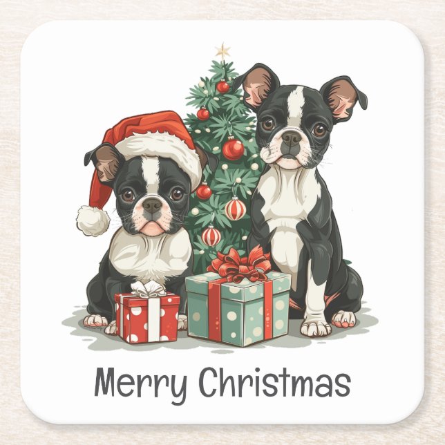 Merry Christmas Boston Terrier Dogs Square Paper Coaster (Front)