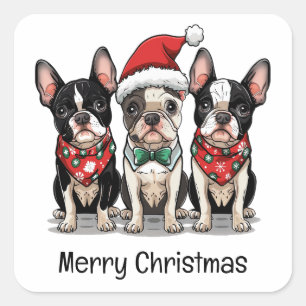 Merry Christmas Boston Terrier Dogs Square Sticker