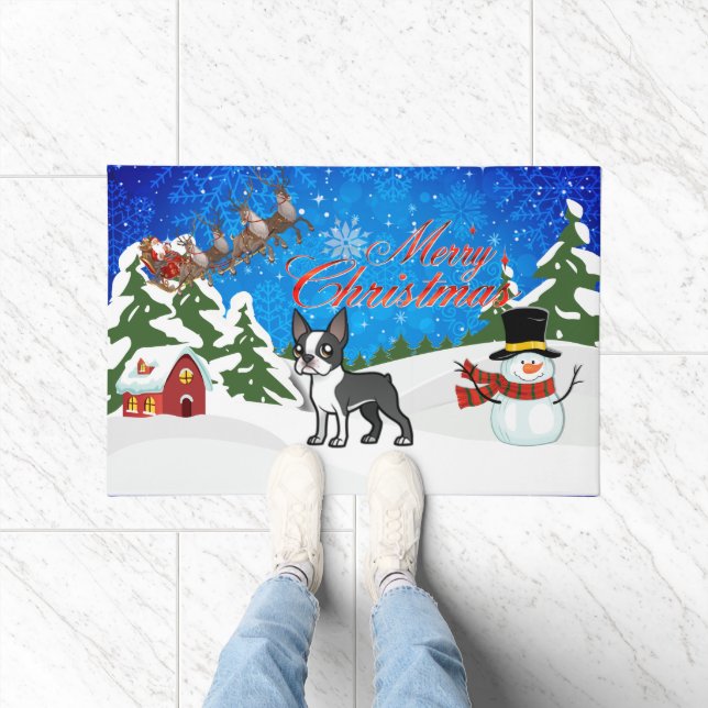 Merry Christmas Boston Terrier Doormat Zazzle