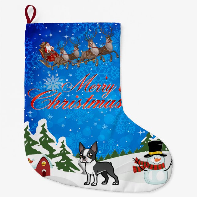 Merry Christmas Boston Terrier Large Christmas Stocking (Front)