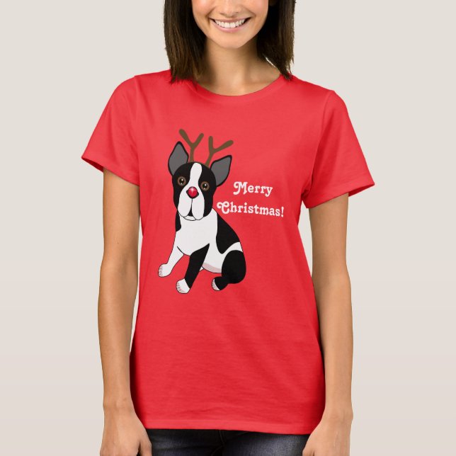 Merry Christmas! Boston Terrier Reindeer Dog T-Shirt (Front)