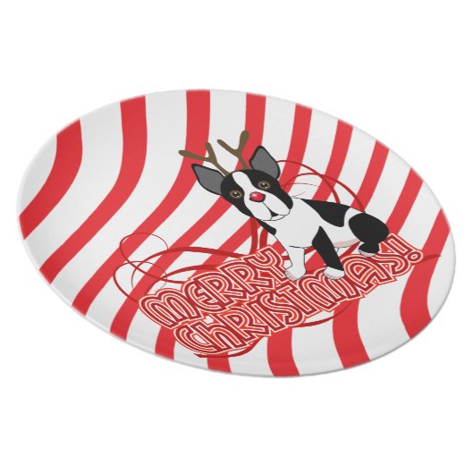 Merry Christmas Boston Terrier Reindeer Plate (Right Side)
