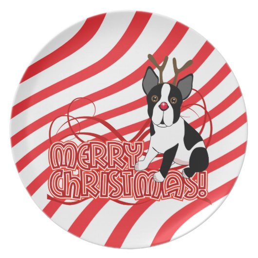 Merry Christmas Boston Terrier Reindeer Plate (Front)