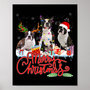 Merry Christmas Boston Terrier Santa Reindeer Ligh Poster