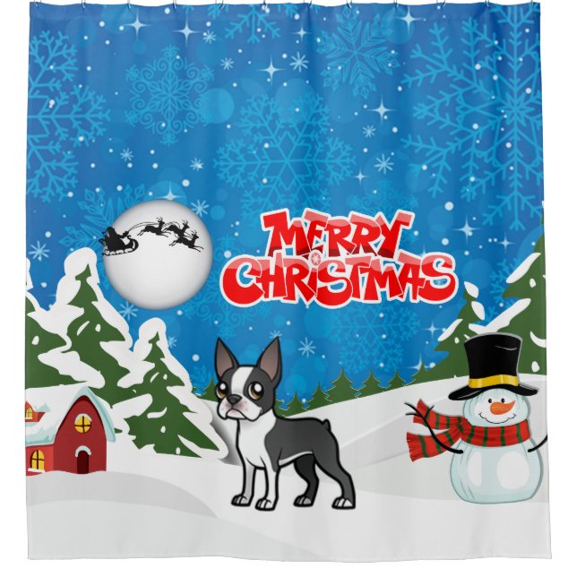 Merry Christmas Boston Terrier With A Snowman Shower Curtain (Front)