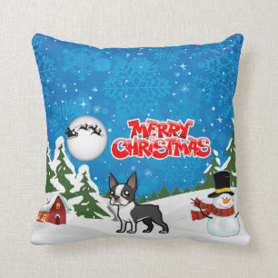 Merry Christmas Boston Terrier With A Snowman Throw Pillow