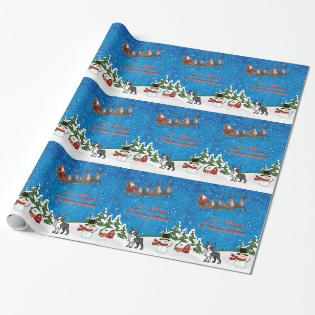 Merry Christmas Boston Terrier Wrapping Paper (Unrolled)