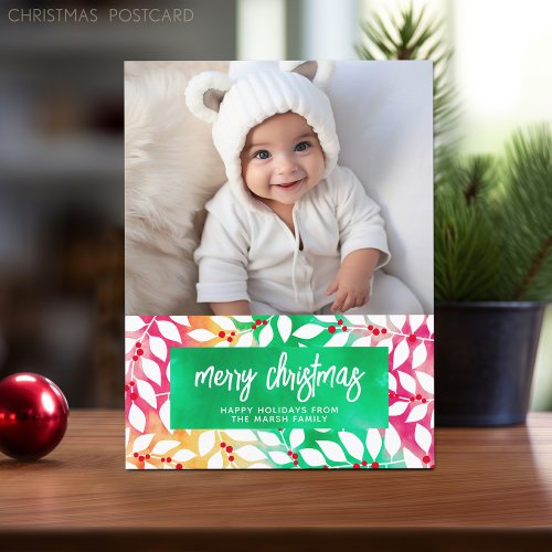 Merry Christmas Botanical Cheery Tie Dye _ Photo Holiday Postcard