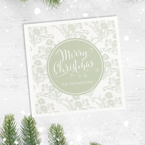 Merry Christmas Botanical Elegant Green Floral  Napkins