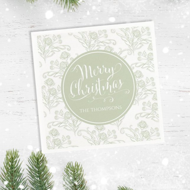 Merry Christmas Botanical Elegant Green Floral  Napkins (Creator Uploaded)