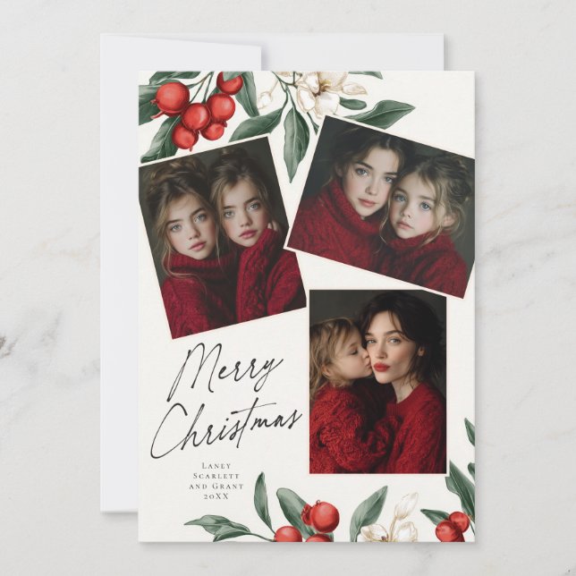 Merry Christmas Botanical Holiday 3 photo Card (Front)