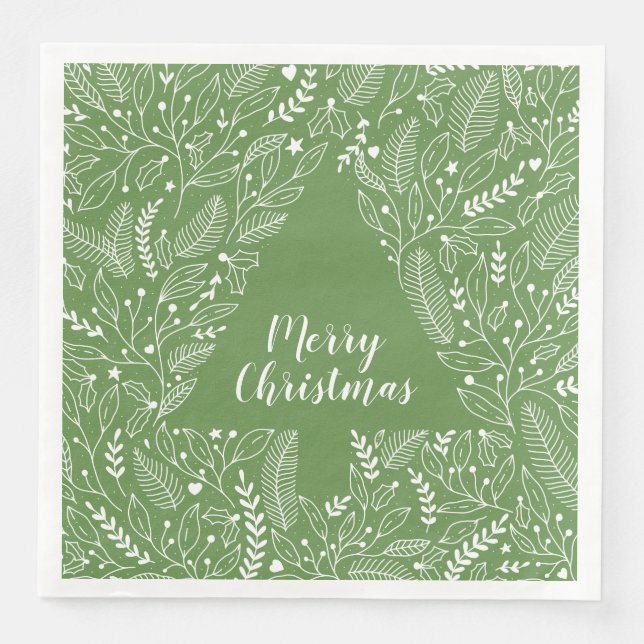 Merry Christmas/Botanical Line Art/Christmas Tree Paper Dinner Napkins (Front)