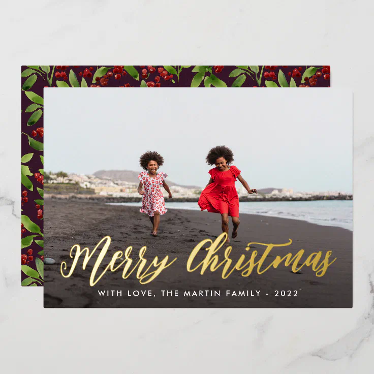 Merry Christmas Botanical One Photo Holiday Foil Invitation