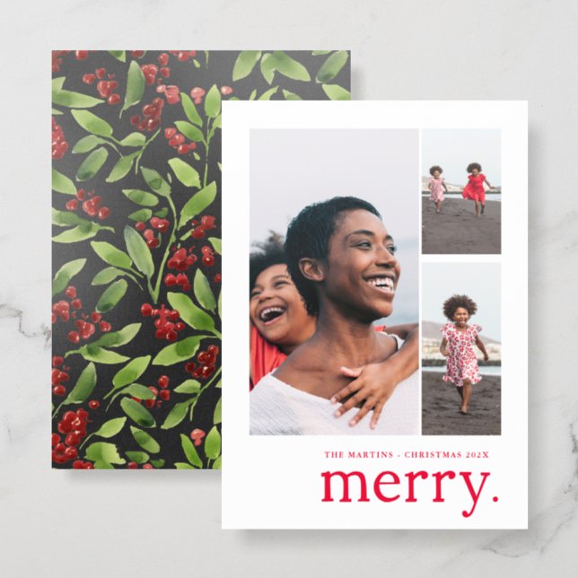 Merry Christmas Botanical Pattern Collage Letterpress Photo Cards (Front/Back)