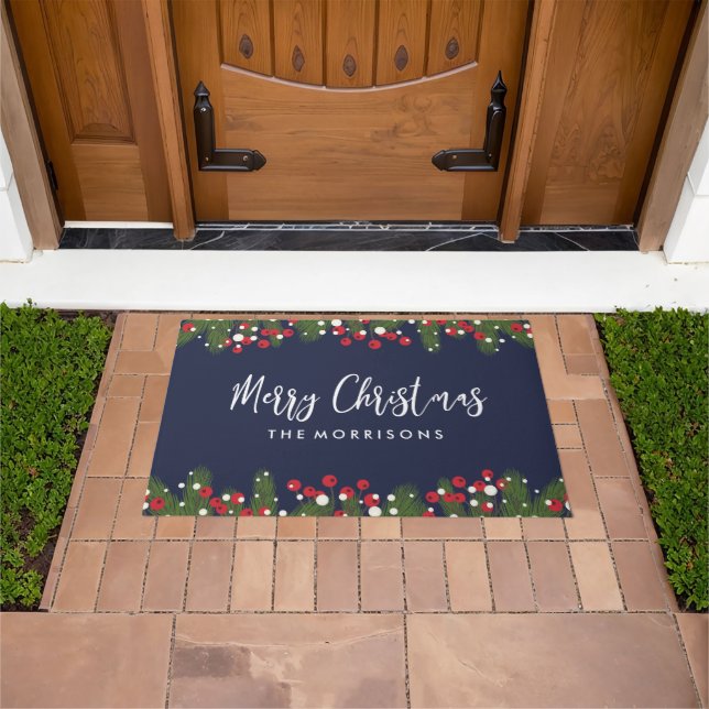 Merry Christmas Botanical Pine & Berry Custom Blue Doormat (Outdoor)
