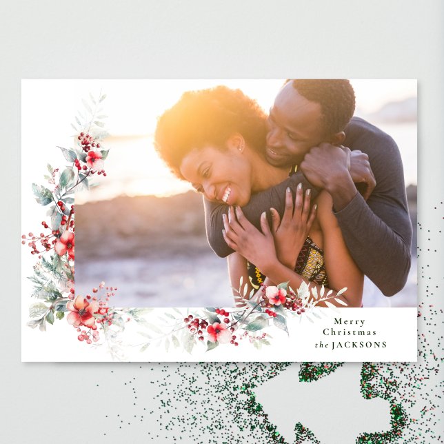 Merry Christmas Botanical Side Wreath Photo Holiday Card (Creator Uploaded)
