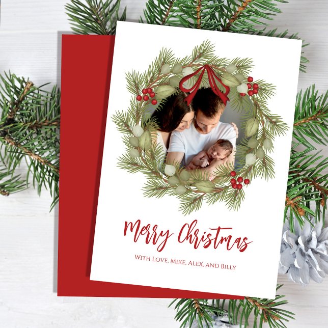 Merry Christmas Botanical Winter Holiday Wreath Card (Merry Christmas cute calligraphy script holiday wreath photo greeting card)