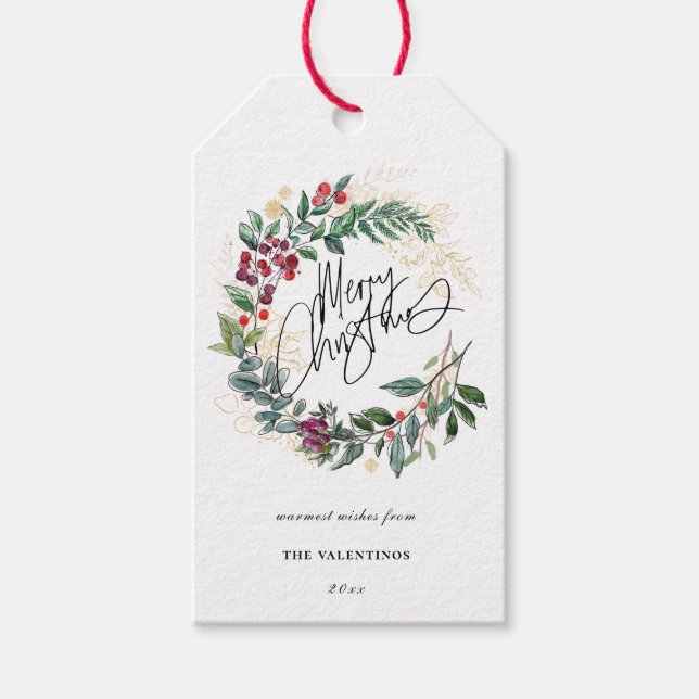 Merry Christmas Botanical Wreath Gift Tags (Front)
