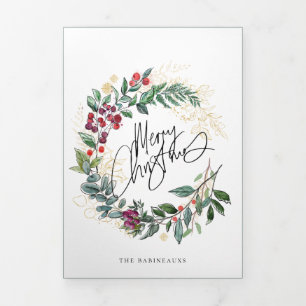 Merry Christmas Botanical Wreath Holiday Photo Tri-Fold Invitation