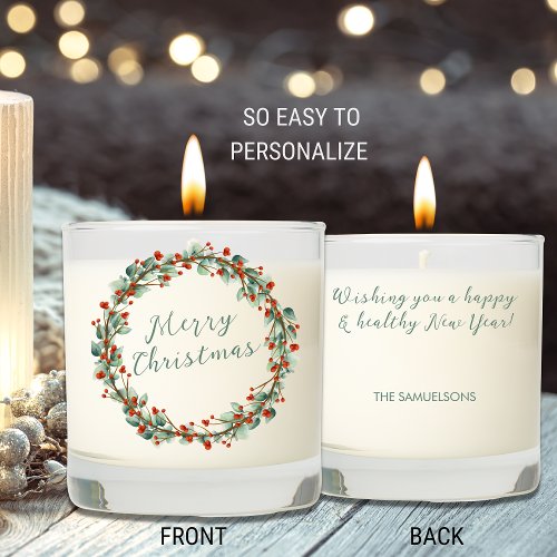 Merry Christmas Botanical Wreath Personalized Text Scented Candle