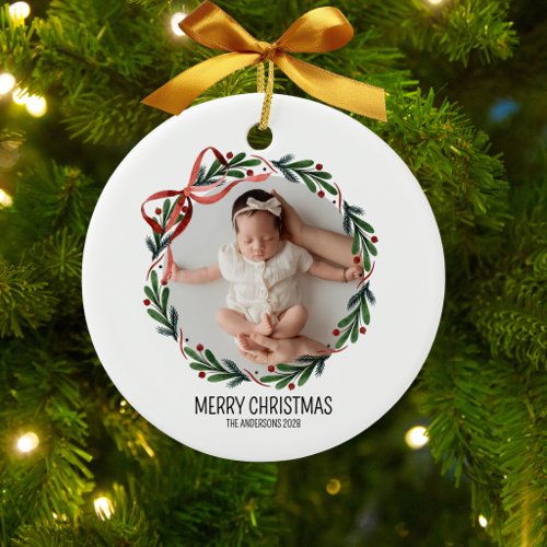 Merry Christmas Botanical Wreath Photo Ceramic Ornament