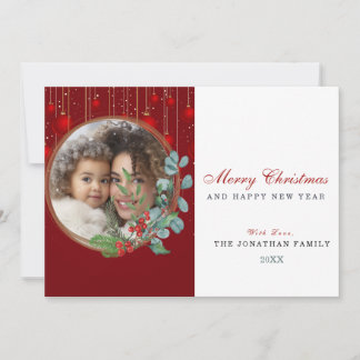 Merry Christmas Botanical Wreath Photo Holiday Card