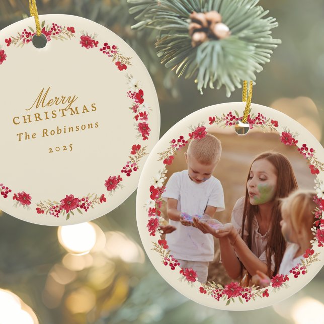 merry christmas botanical wreath photo holiday ceramic ornament (Creator Uploaded)