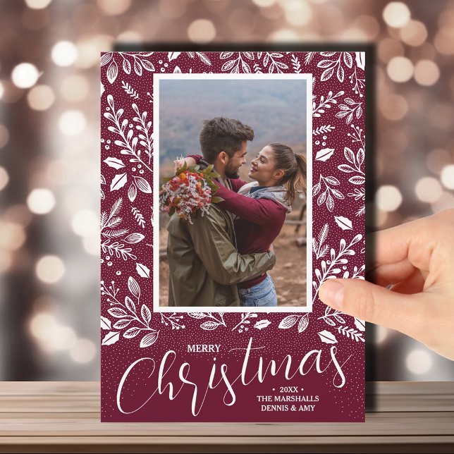 Merry Christmas Botanicals on Cranberry Photo Holiday Card (Creator Uploaded)